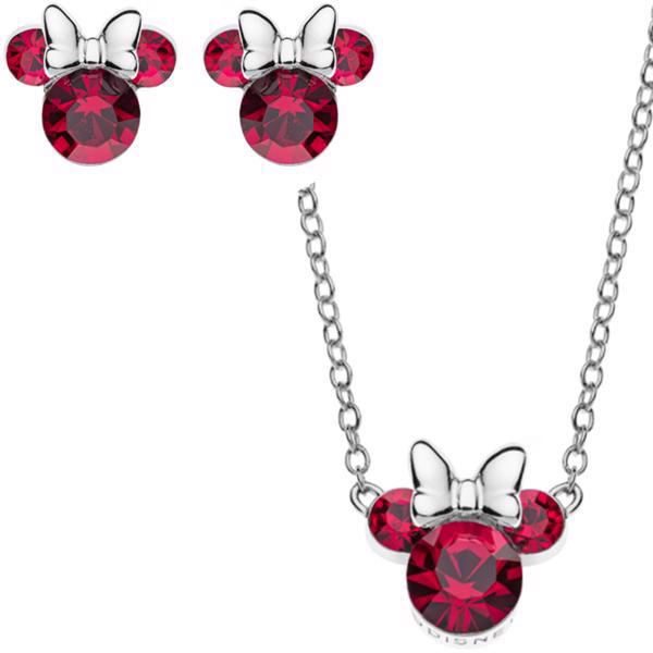 Disney\'s Minnie Mouse sølv smykkesæt med ørestikker og halskæde. Justerbar kædelængde 35-38-40 cm