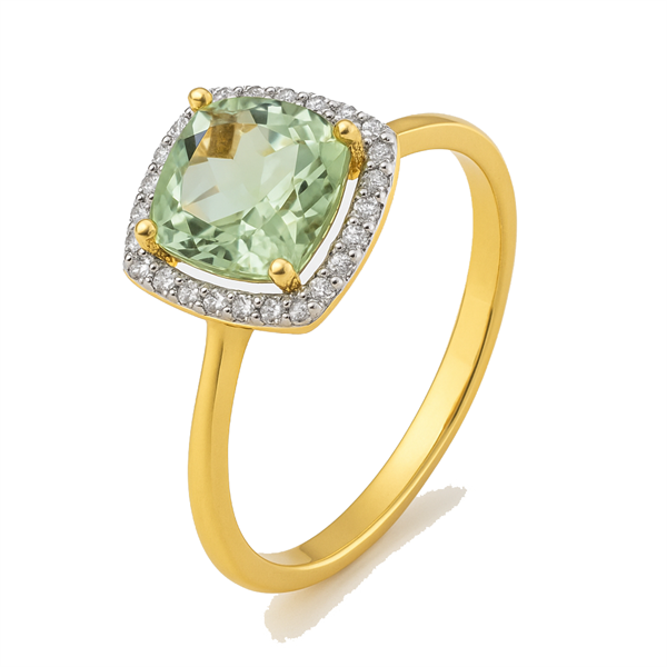 Roset 14 kt. guldring m/ grøn ametyst & 0,085 ct diamant W/SI