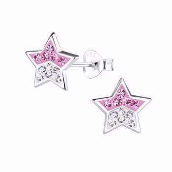 Model 11454, Stjerne ørestikker i sterling sølv med pink og hvide zirkonia og emalje fra Guld & Sølv Design 8 x 8 mmi sterling sølv