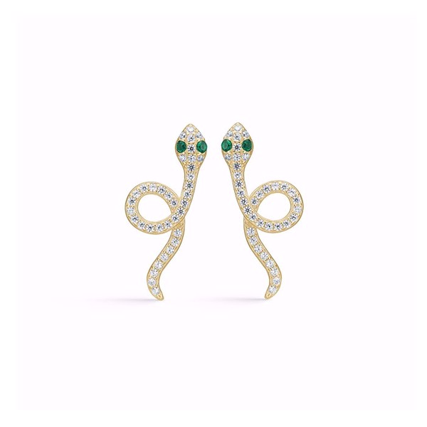 Slange øreringe med glitrende hvide og grønne zirkonia i forgyldt Sølv fra Guld & Sølv Design