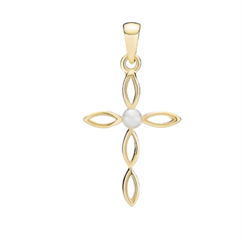 Vedhæng med kors i 8 karat guld med ferskvandsperler, 22x14 mm – Lund Copenhagen