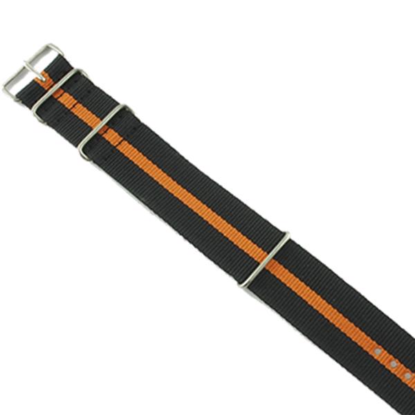 Sort og orange nato urrem 20 mm med blanke stålspænder – urrem fra Houmann