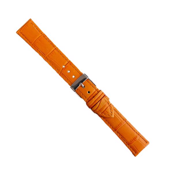 Orange mat læder urrem med imiteret alligator look med sølv spænde, bredde 18 mm og længde – urrem fra Houmann