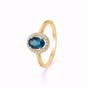 Fingerring i 14 karat guld med London blue Topaz og hvide brillianter