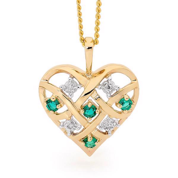Guld hjerte vedhæng med 4 x 0,005 ct diamant og 4 x smaragd