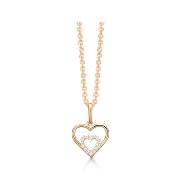 Støvring Design\'s smukke 14 karat guld vedhæng, hjerte med mindre hjerte inden i, det mindste er fuld besat af glitrende zirkonia, leveres med forgyldt kæde 42+3 cm