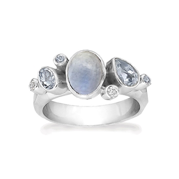 Rabinovich Blue Moon sterling sølv fingerring med Rainbow månesten, sky blue topas og zirkonia