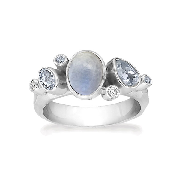 Rabinovich Blue Moon sterling sølv fingerring med Rainbow månesten, sky blue topas og zirkonia