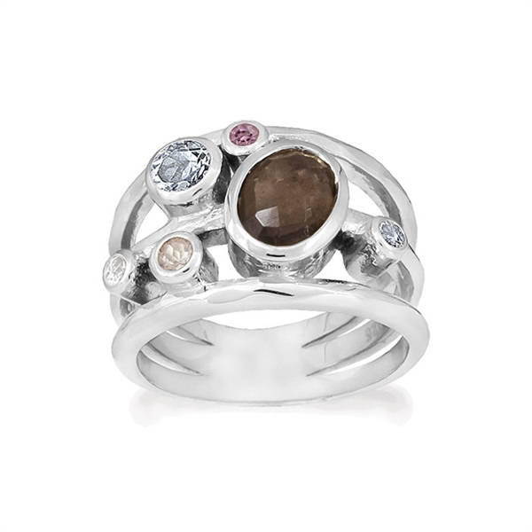Rabinovich Glam sterling sølv fingerring med Røgkvarts, Sky Blue Topas,rosenkvarts, turmalin og topas