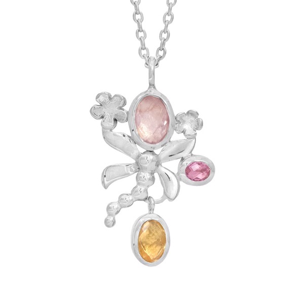 Dragonfly - Sølv collier med rosenkvarts, citrin & pink topas - Rabinovich