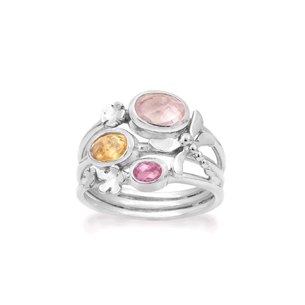 Dragonfly-Sølv ring med rosenkvarts, citrin & pink topas-Rabinovich (str 51)