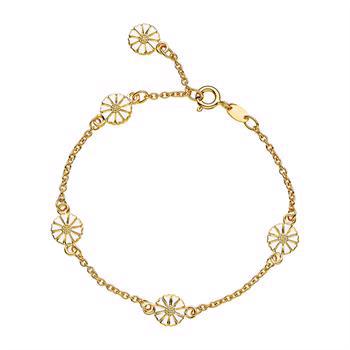Armbånd i forgyldt sølv med hvide emaljeblomster, 7,5 mm, elegant og delikat design.