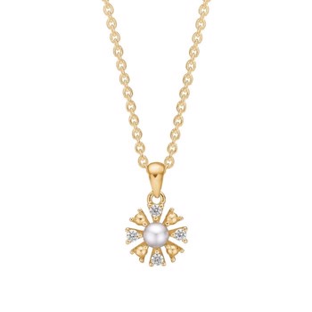 Collier med blomst i forgyldt sterling sølv med ferskvandsperler, 45+3 cm – Lund Copenhagen