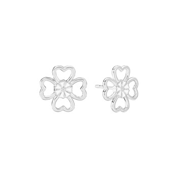 Øreringe i blomstermotiv med fire hjerteformede kronblade i åben design, synlig stift bagpå.