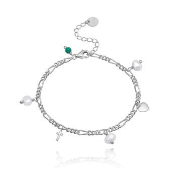 Model B-8094-S, armbånd Smukt armbånd af sølv Figaro-kæde med perler, samt Tro, Håb og Kærlighed vedhæng fra danske WiOGA fra WiOGA