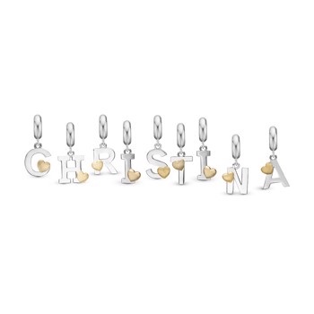 Christina Initial charm med hjerte – bogstav A–V, 4 mm til sølvarmbånd og Slim læder