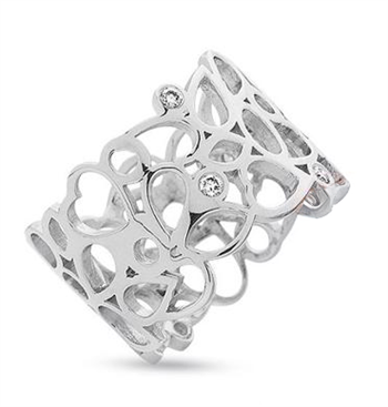 14 karat hvidgulds ring med 6 x 0,02 ct diamanter og hjerter, ringmål 53 - glat overflade