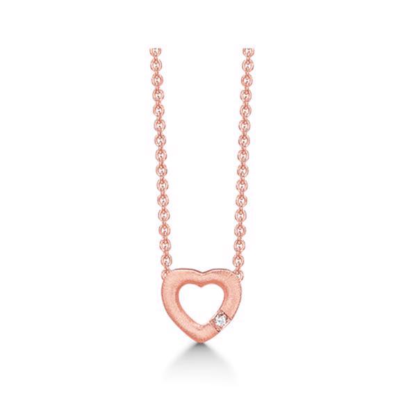 Støvring Design\'s smukke rosa forgyldte vedhæng, smukt åbent hjerte med 0,010 kt diamant, leveres med rosa forgyldt kæde 42+3 cm