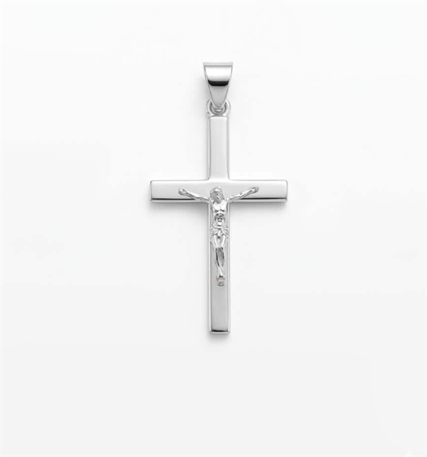 Bredt stolpe kors med Jesus fra BNH i blank sterling sølv, Lille – 13 x 21 mm