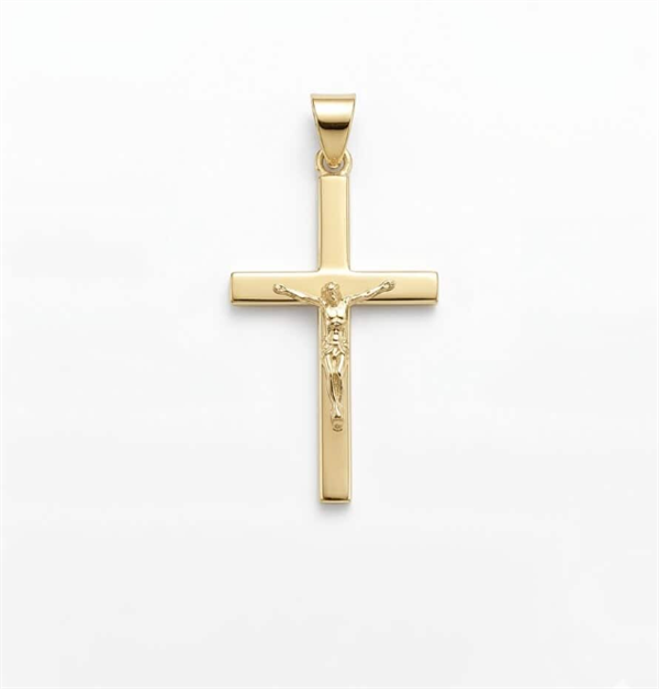 Stor - 21,5 x 34 mm, Bredt stolpe kors med Jesus fra BNH i 14 karat