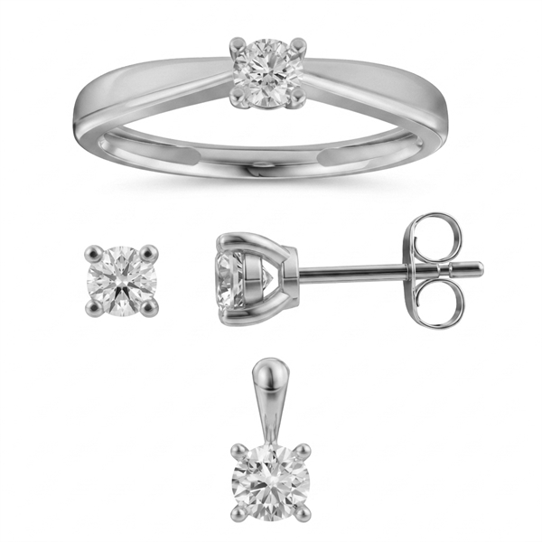 Luxury Solitaire smykkesæt, med i alt 0,75 ct Labgrown diamant i 14 kt hvidguld