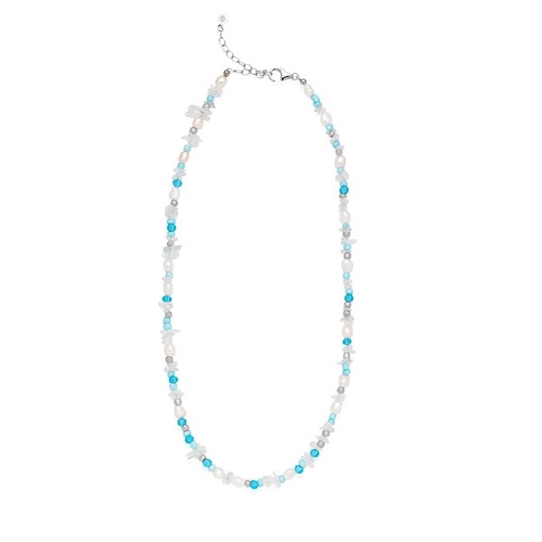 Mira Rhodiumbelagt Sterling Sølv Halskæde med Ferskvandsperle, krystaller og sølv perler