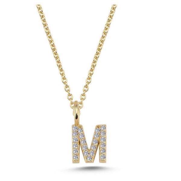 Initial vedhæng 6,5 mm, M i 14 karat guld med 0,115 ct brillanter
