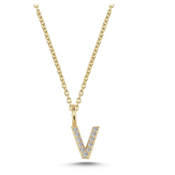 Initial vedhæng 6,5 mm, V i 14 karat guld med 0,055 ct brillanter