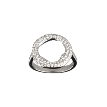 Sølv rhodineret ring med uregelmæssig cirkel, pyntet med glitrende zirkonia-sten fra Siersbøl.