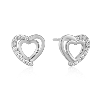 Ørestikker i rhodineret sterling sølv med klar hjerte zirkonia – Støvring Design