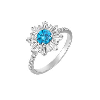 Ring i rhodineret sterling sølv med blå rund zirkonia – Støvring Design