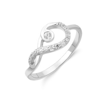 Sølv ring med snoet bånd, stor central sten og små sten langs båndet, fra Støvring Design.