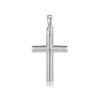 Sølv korsvedhæng med poleret overflade og lille sten, rhodineret, ca. 23 x 15 mm, fra Støvring Design.