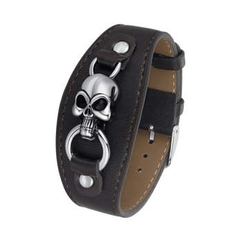 Sort armbånd med metallisk kraniedesign og spænde. Synlige syninger og justerbar størrelse.