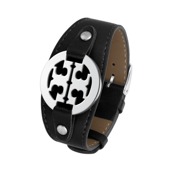 Sort læderarmbånd med synlig syning, rundt stålornament med mønster og spænde.