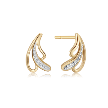 Elegante guld ørestikker fra Støvring Design med bladform og indlagte sten i den indre kurve.