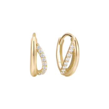 Elegante, ovale guld ørestikker med klare sten langs den ene side, moderne og symmetrisk design.