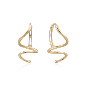 Guld ørestikker med bølget spiraldesign, symmetrisk og poleret fra Støvring Design.