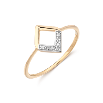 Tynd guldring med kvadratisk udsmykning, delvist dekoreret med skinnende sten, minimalistisk design.