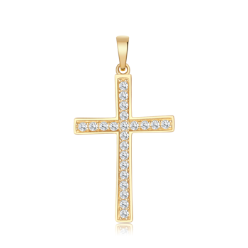 Guld korsvedhæng med små, runde, hvide sten fra Støvring Design.