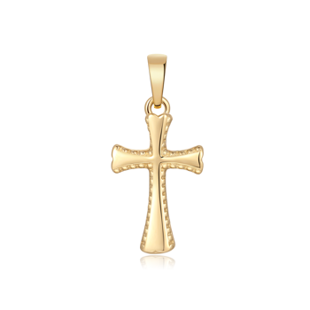 Guld korsvedhæng med dekorative prikker og poleret finish. Symmetrisk design fra Støvring Design.
