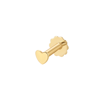 Guld labret piercing fra Støvring Design med hjertefront og bølget bagstykke.