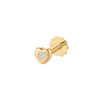 Guld labret-piercing med hjerteformet front, klar sten i midten, cylindrisk stang, flad bagplade.