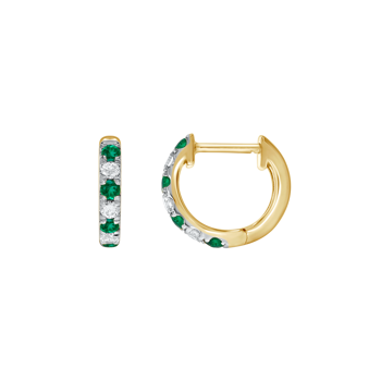 Guld creoler fra Støvring Design med grønne og klare sten, elegant og dekorativ stil.