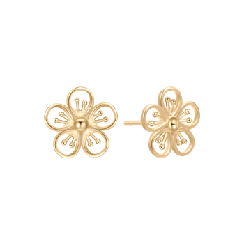 Guld ørestikker fra Støvring Design, blomsterform med fem glatte kronblade og kugleformet midte.