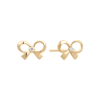 Guld ørestikker i sløjfeform med klar sten i midten, elegant og dekorativt design.