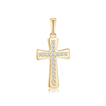 Guld korsvedhæng med små glitrende sten og en løkke til kæde, fra Støvring Design.