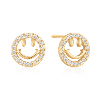 Sølvforgyldt ørestikker med smiley-ansigt, små sten langs kanten og guldfarvet base.