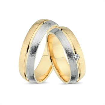 Bicolour hamret Vielsesringe i 14 karat Guld / hvidguld med 1 stk Diamanter Wesselton / VS